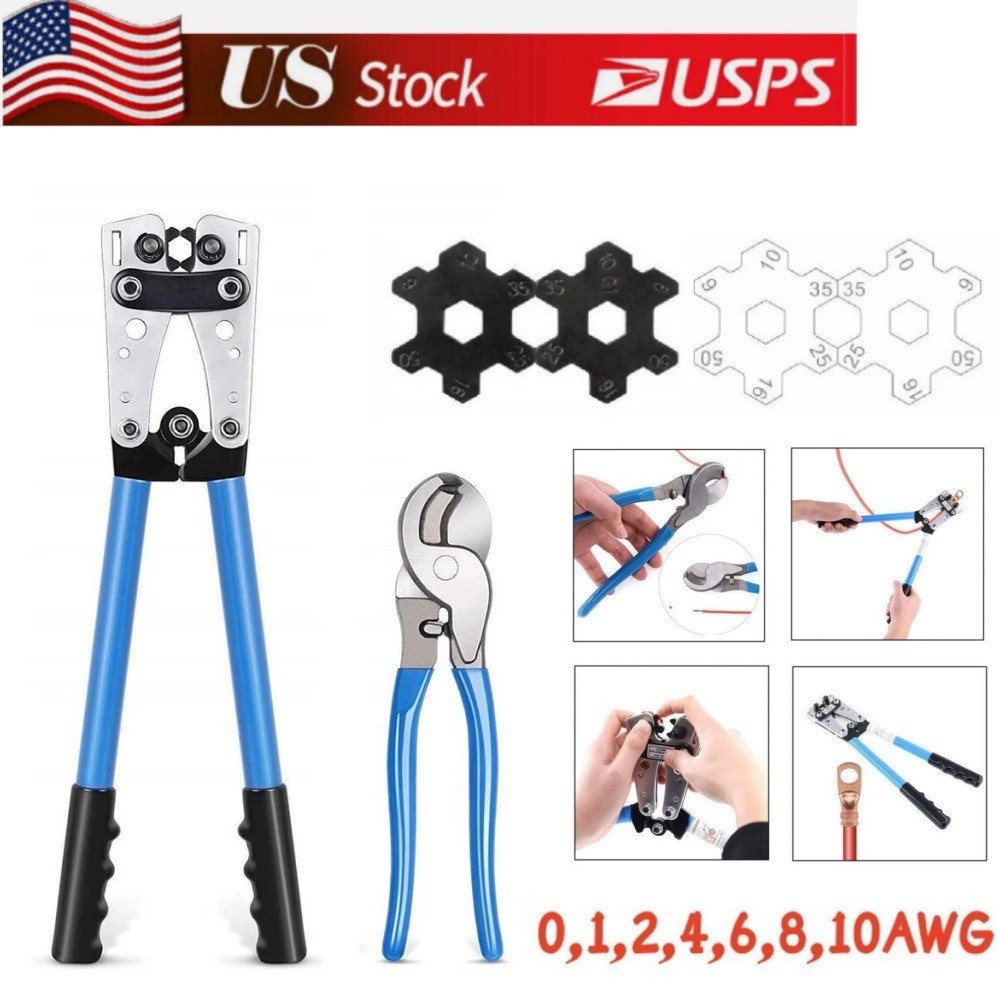 Cable Lug Crimp Tool Equipped With Cutter Fit 0,1,2,4,6,8,10 AWG Electrical Wire