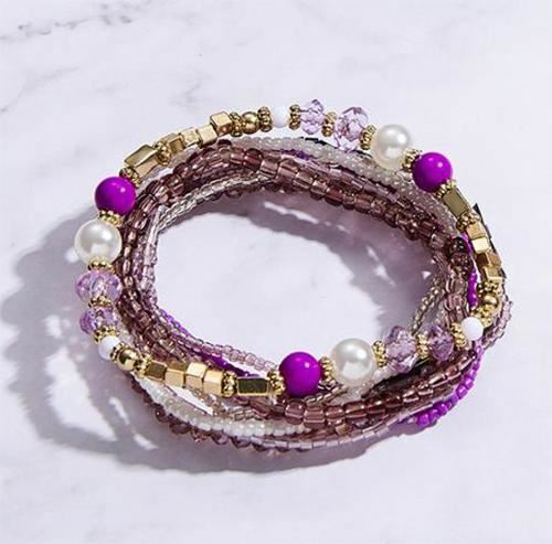 Bracelet Set, Crystal Seed Beads, Boho, 9pc, Purple