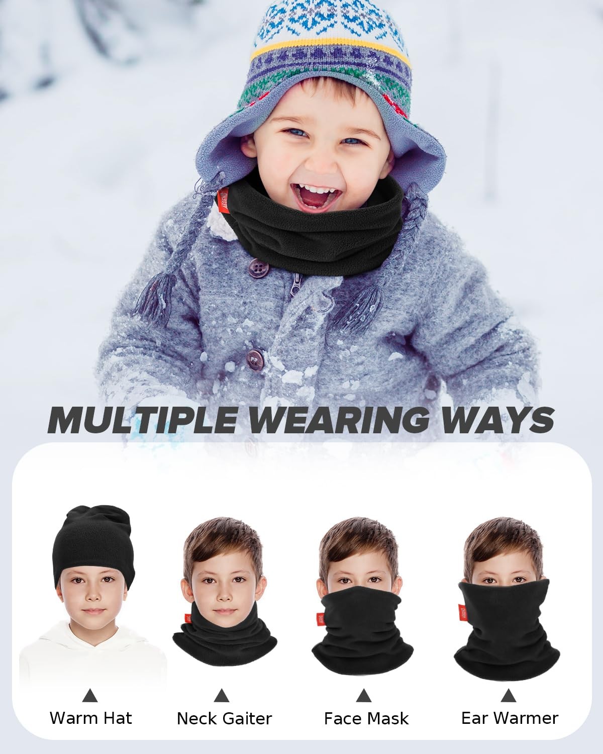 2 Pack Neck Warmer Kids Double-Layer Fleece Ski Gaiter Boys Girls Youth Winter