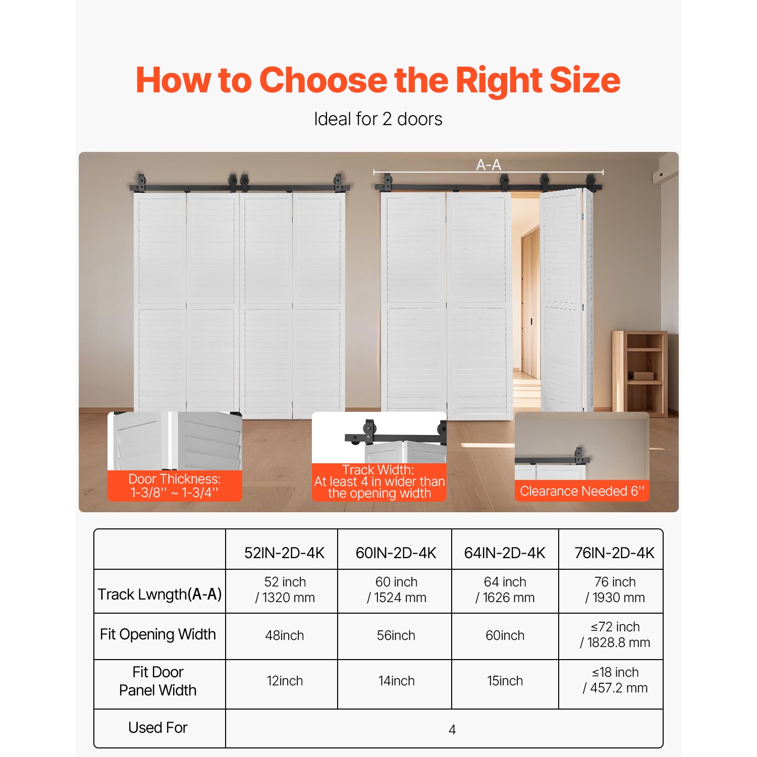 Bi-Folding Sliding Barn Door Hardware Track Kit 64" for Four 15" Doors