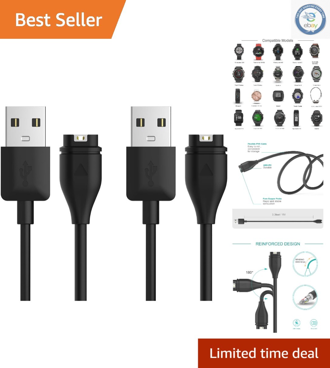 2-Pack Durable USB Charger Cables for Garmin Watches - 1M Length, Male-to-Male
