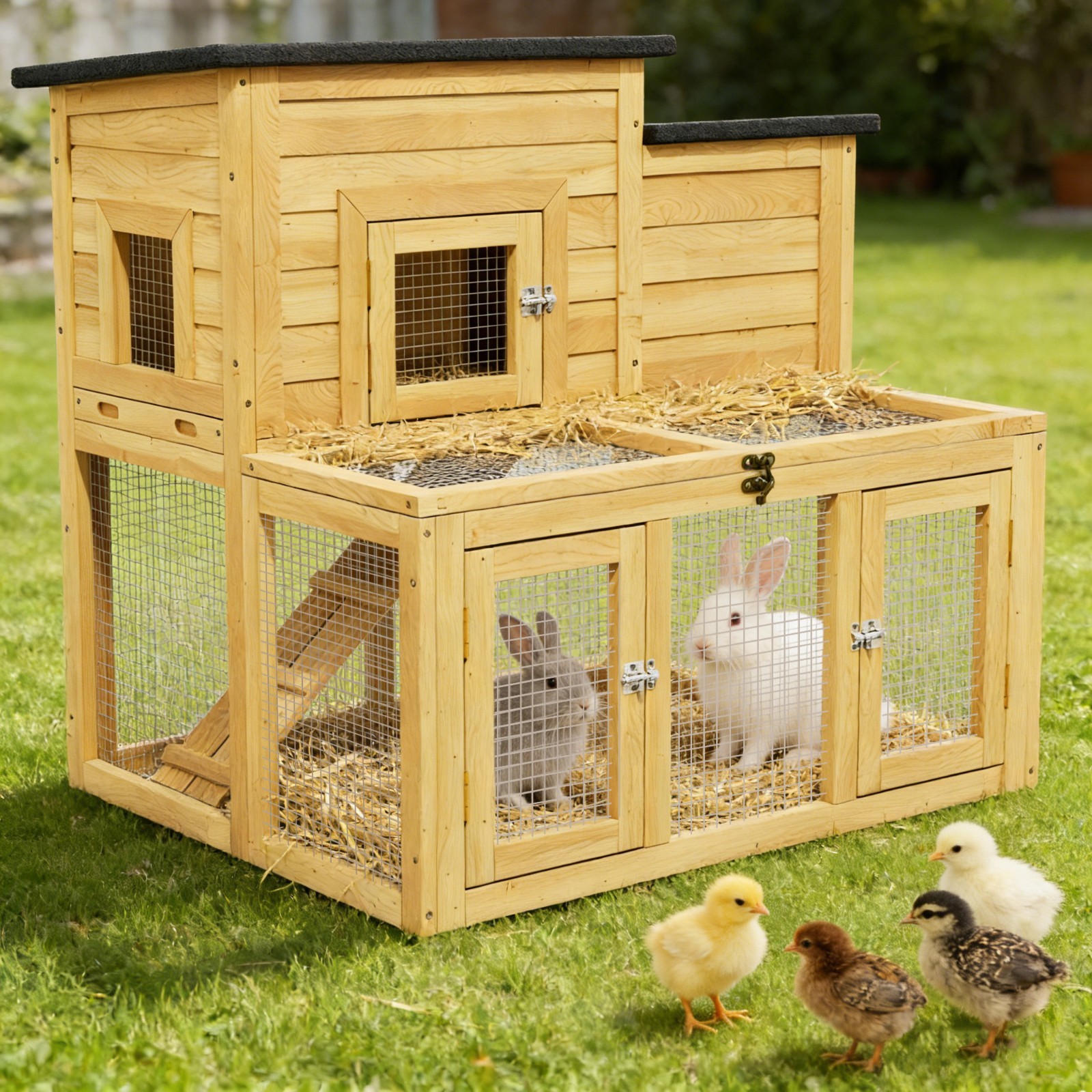 Large Outdoor Wooden Quail Cage Rabbit Hutch Chicken Coop with Run & Ramp，2 Tier