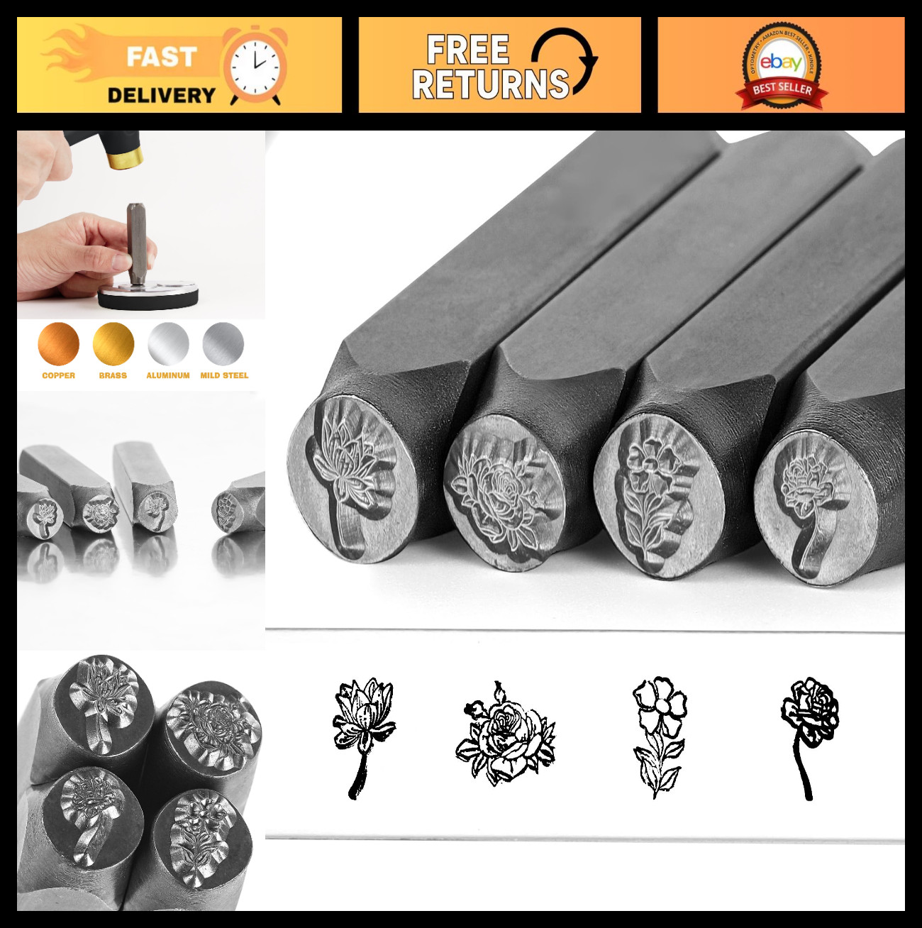 5/16" Flower Metal Stamps - 4pcs Steel Stamping Tool Kit for DIY Jewelry Making