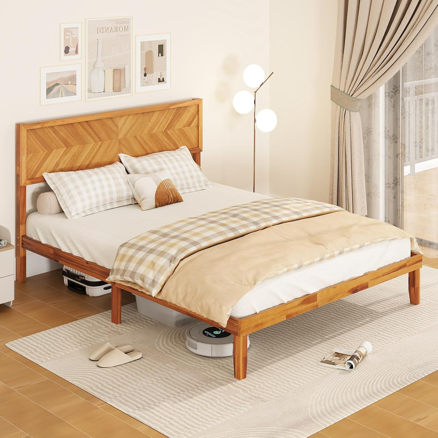 Wood Queen Bed Frame with Headboard, Solid Acacia Wood Platform Bed with 12 Stro