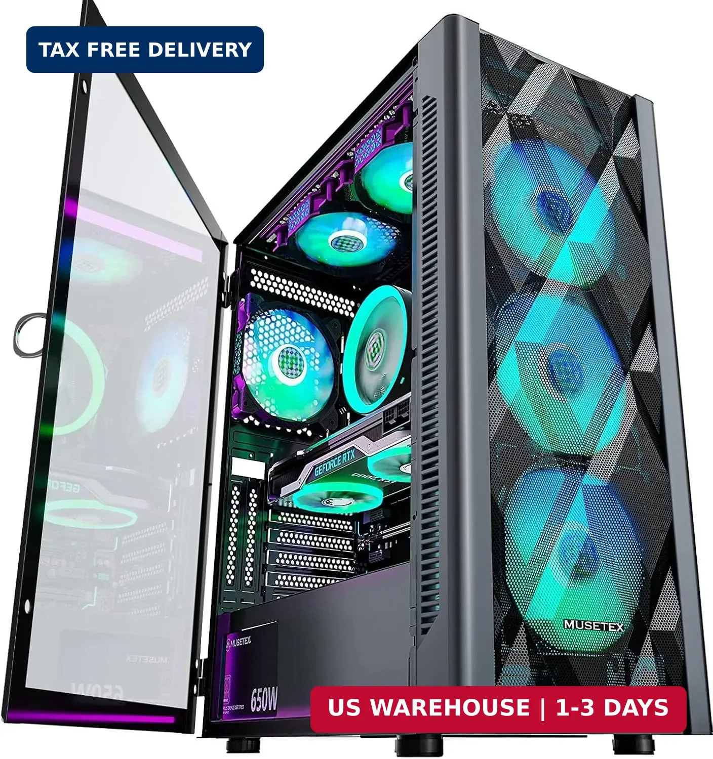 MUSETEX ATX PC Case Pre-Install 6 PWM ARGB Fans, Polygonal Mesh Computer Gaming