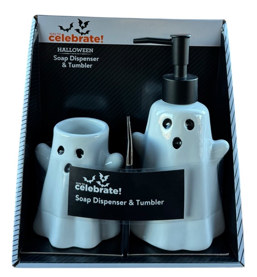 Way to Celebrate! 2-Piece Ceramic GHOST Bath Access Set Soap Dispenser+Tumber