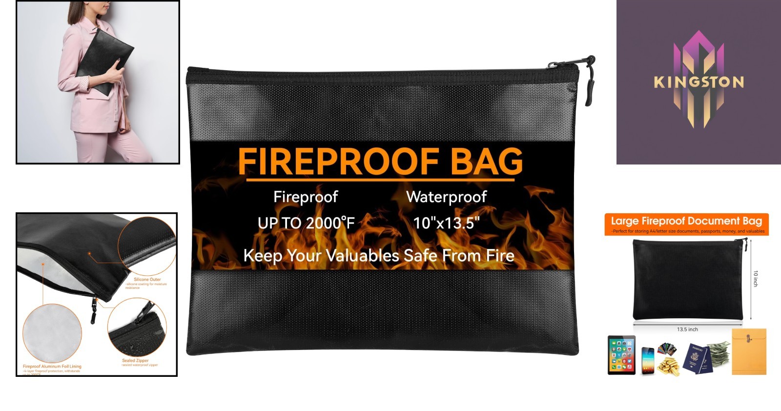 Fireproof & Waterproof Document Bag 10"x13.5" - Secure Storage for Valuables