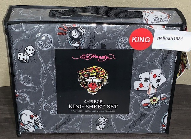 Ed Hardy Grey w/Chains,Cards, Dice, "7", Lucky Skulls & Logos 4pc KING Sheet Set