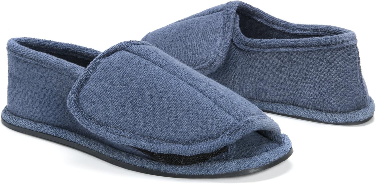 MUK LUKS Men's Terry Adjustable Open Toe Full Foot-Navy Slipper,  Size 9.5-11