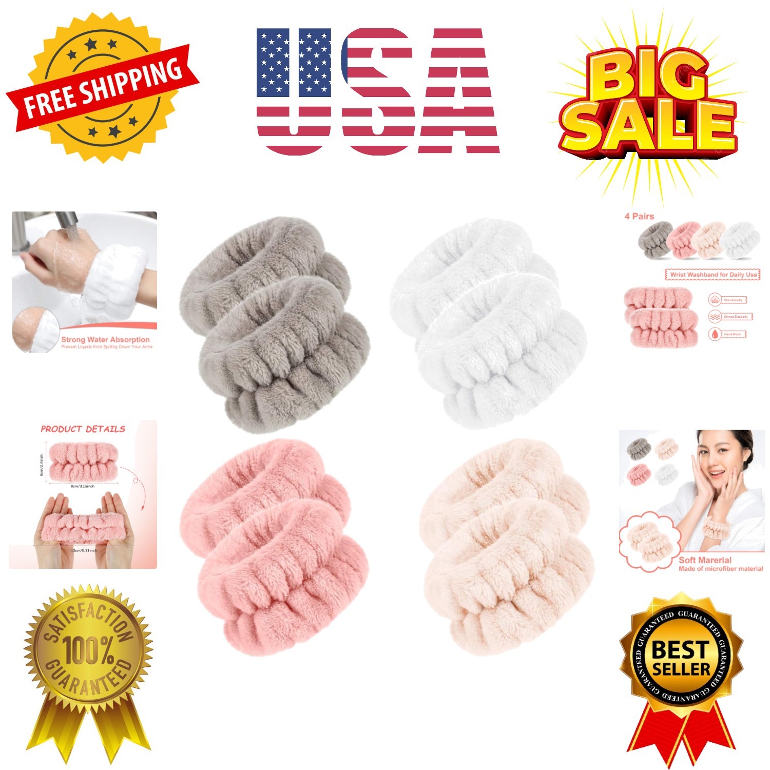 4 Pairs Wrist Bands for Washing Face Wrist Spa Microfiber Wash Towel Band Scr...