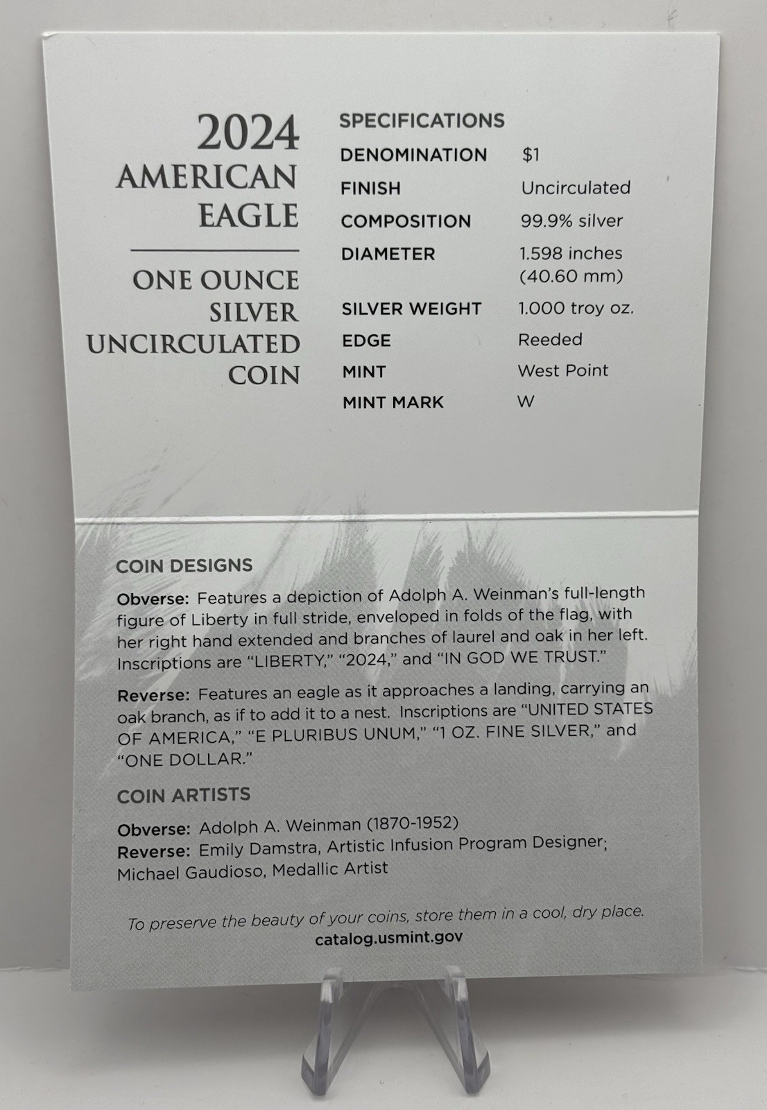 2024-W U.S. Mint Uncirculated American Silver Eagle, CoA and Original Packaging