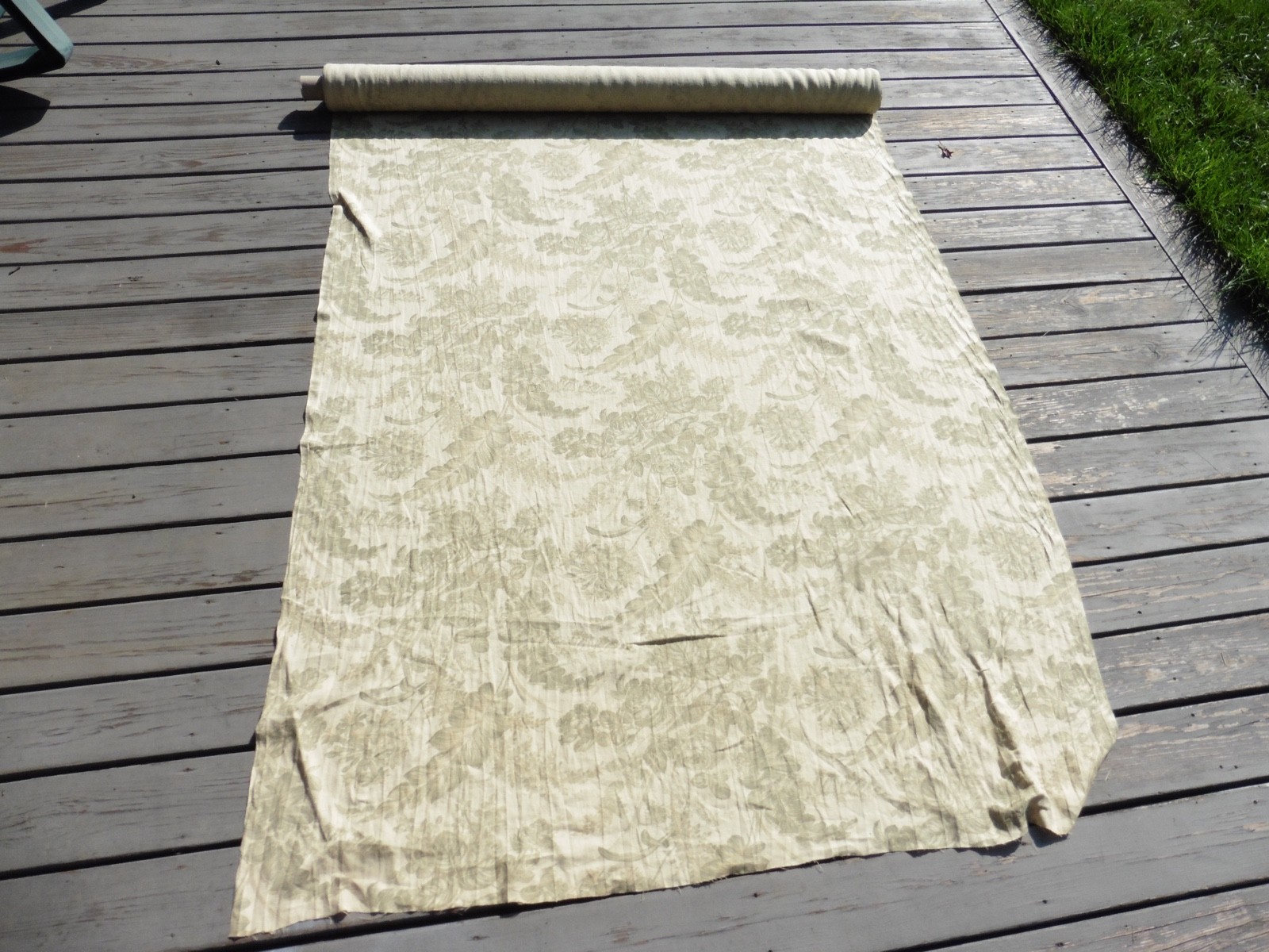 Roll of Beige Cloth Fabric Linen with Light Green Flower Pattern Print 55" Wide