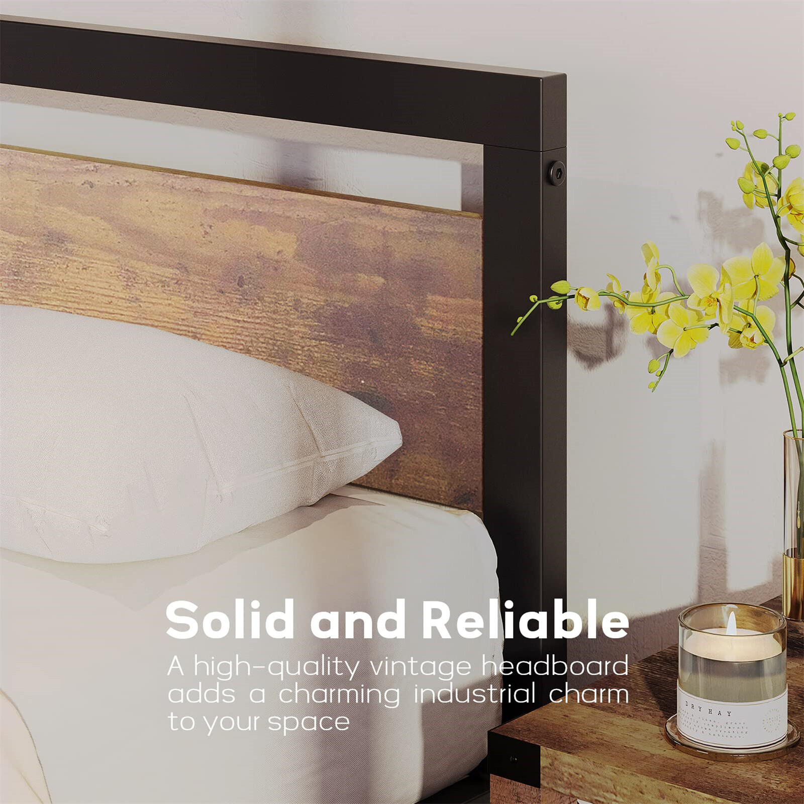 King Size Bed Frame W/Headboard Industrial King Platform Bedframe No Box Spring