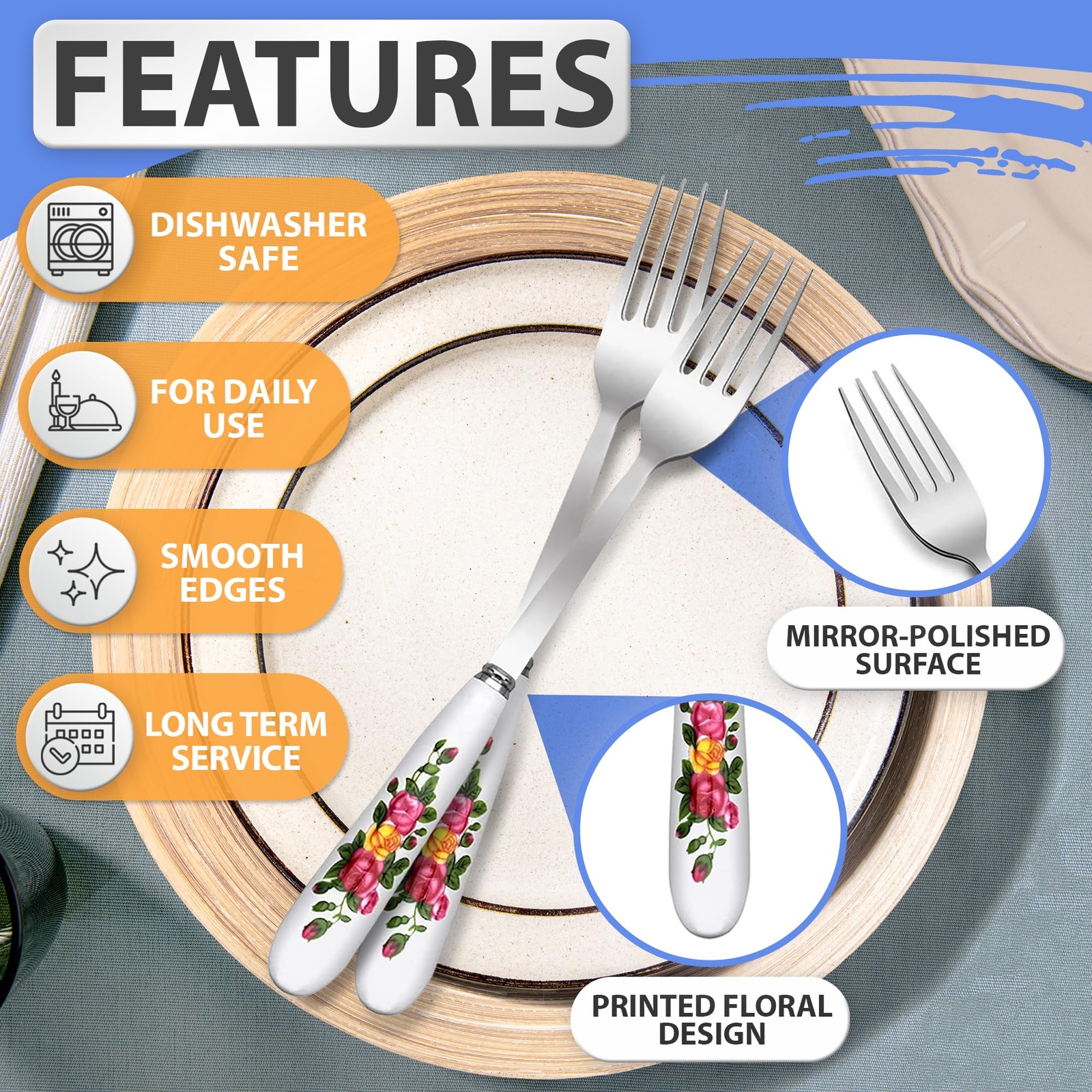 6pcs Dinner Stainless Steel Forks Silverware Dinner Fork With Ceramic Handle Sta