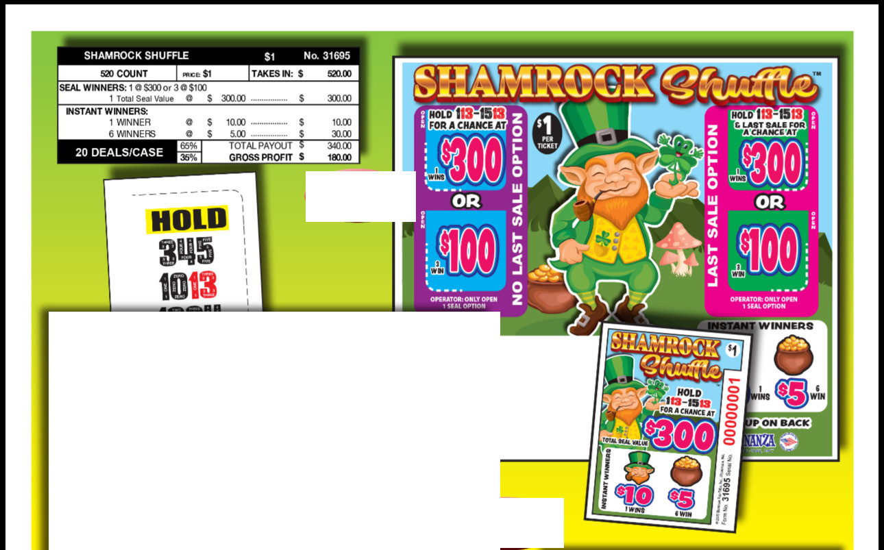Pull Tab Ticket - Hard Card- Game - 3 Pack Shamrock Shuffle - 520 ct ea