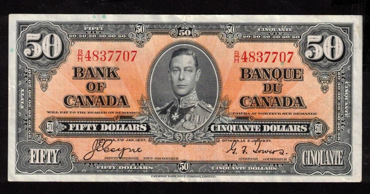 1937 Canada $50 banknote Coyne Towers B/H 4837707 nice EF/AU EPQ