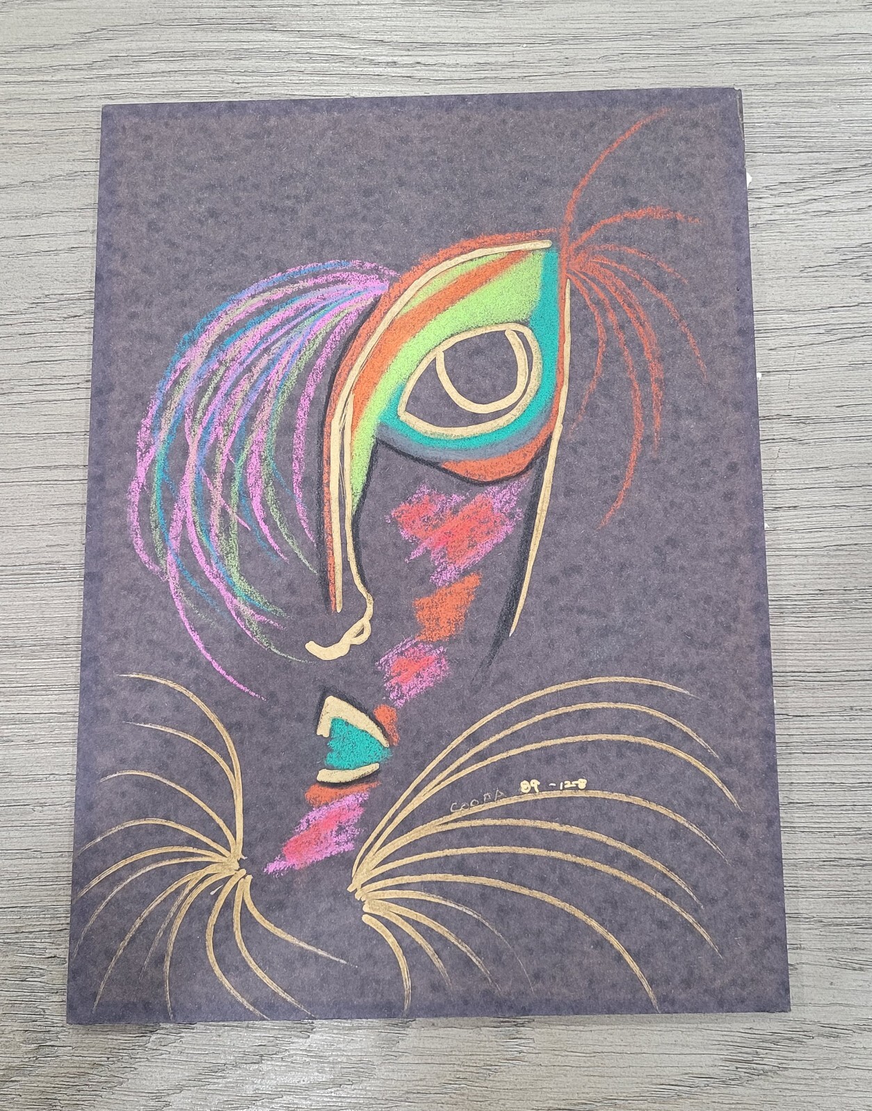 1989 Original Signed Drawing of a Face - Neo-Pop Style with Bright Color Lines