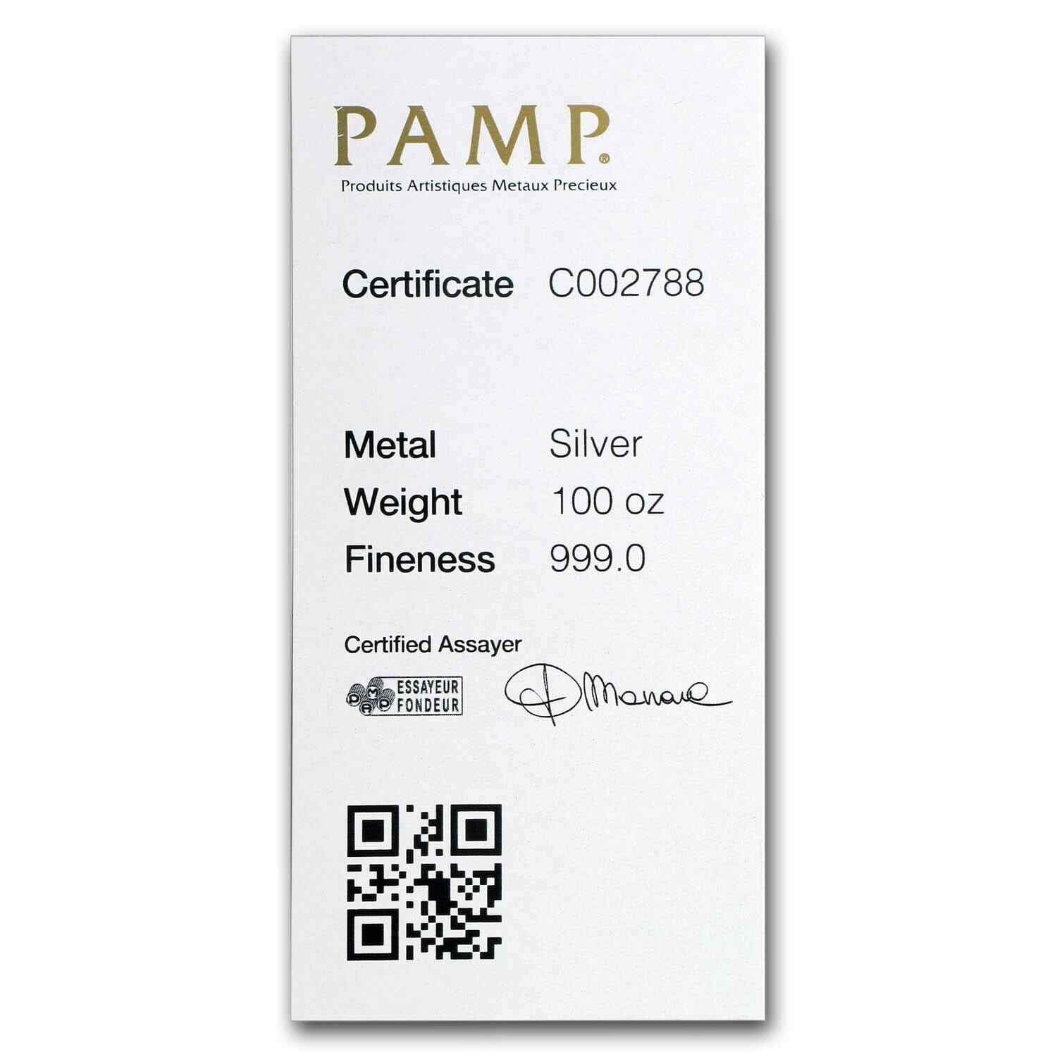 100 oz Silver Bar - PAMP Suisse (Serialized)