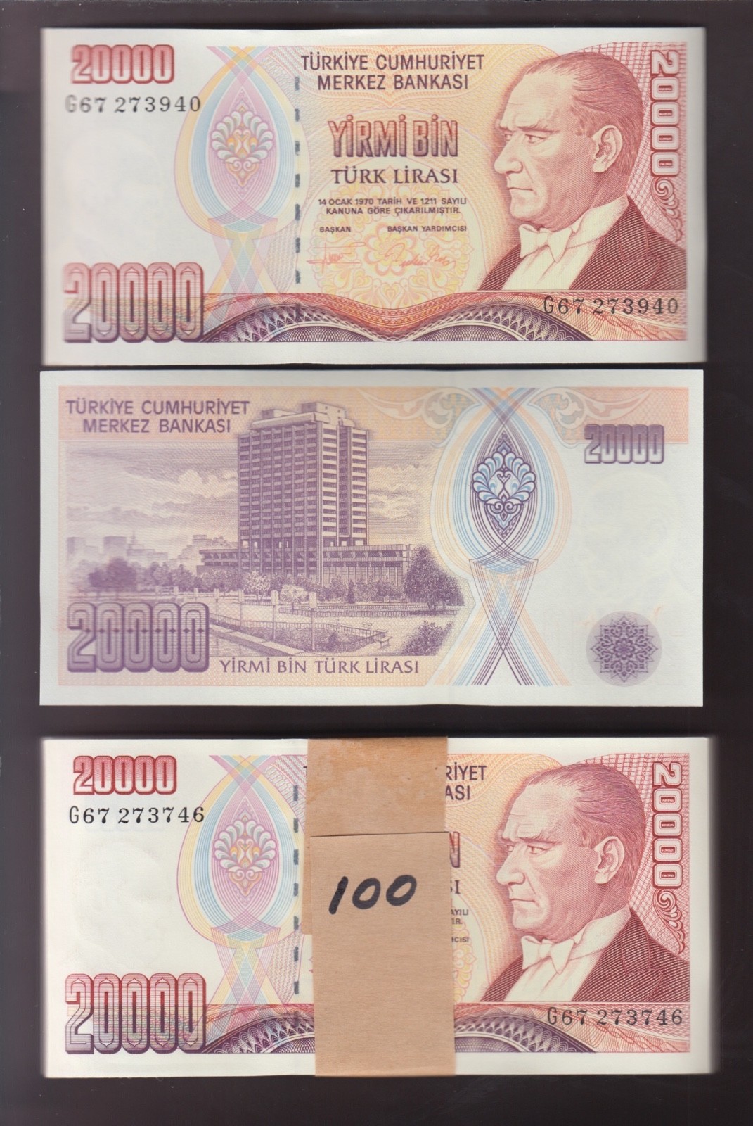 TURKEY P.202 BUNDLE OF 100 NOTES 20000 LIRE PFX G www UNC WE COMBINE  2512