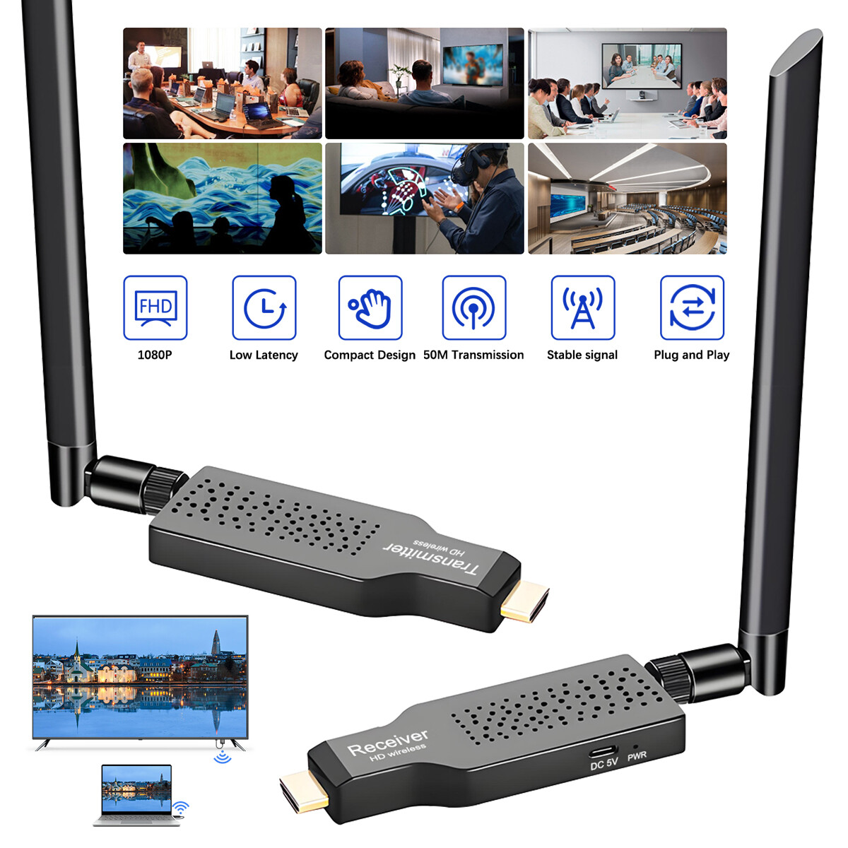 Wireless HDMI Transmitter & Receiver 1080P Audio Video Extender For PC TV Camera