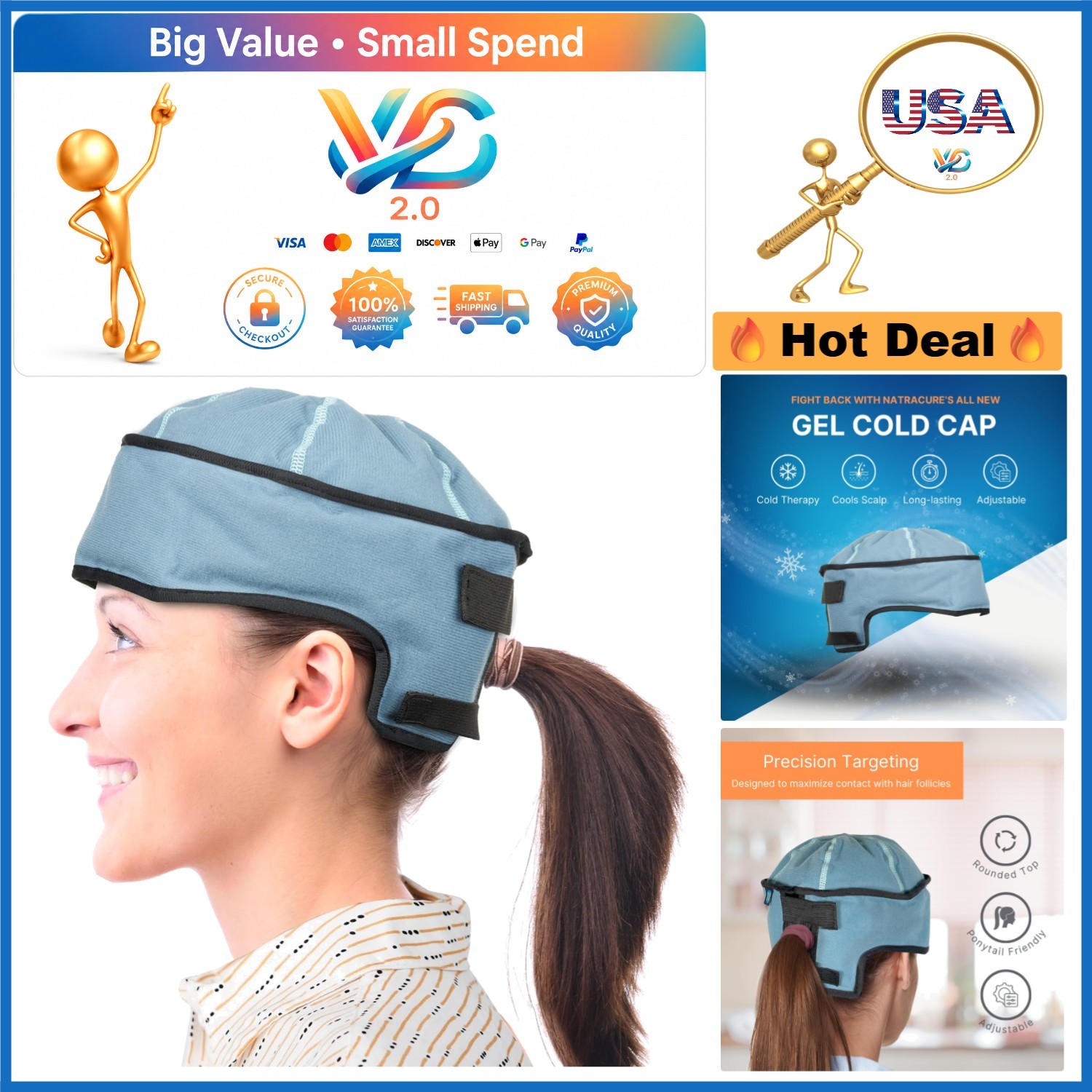Ash Blue Cold Cap for Chemotherapy Patients Reusable Gel Hat One Size