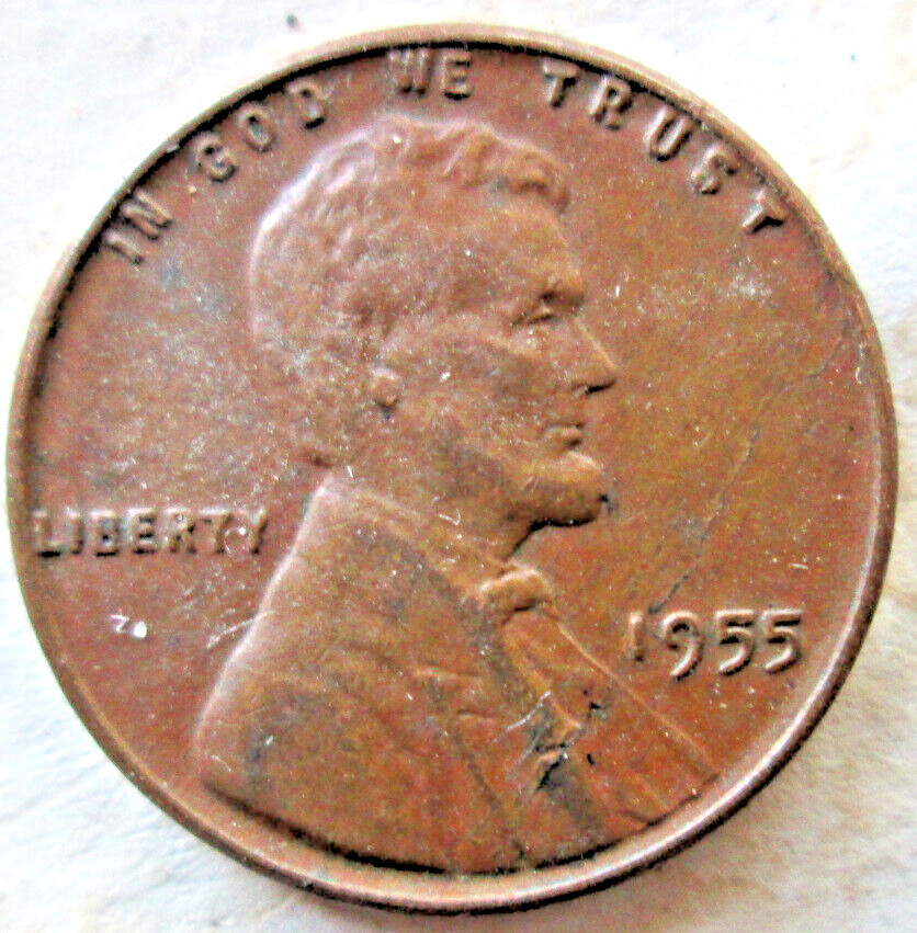 1955-P WHEAT CENT, OBVERSE LAMINATION ERROR, VF CONDITION, CIRCULATED