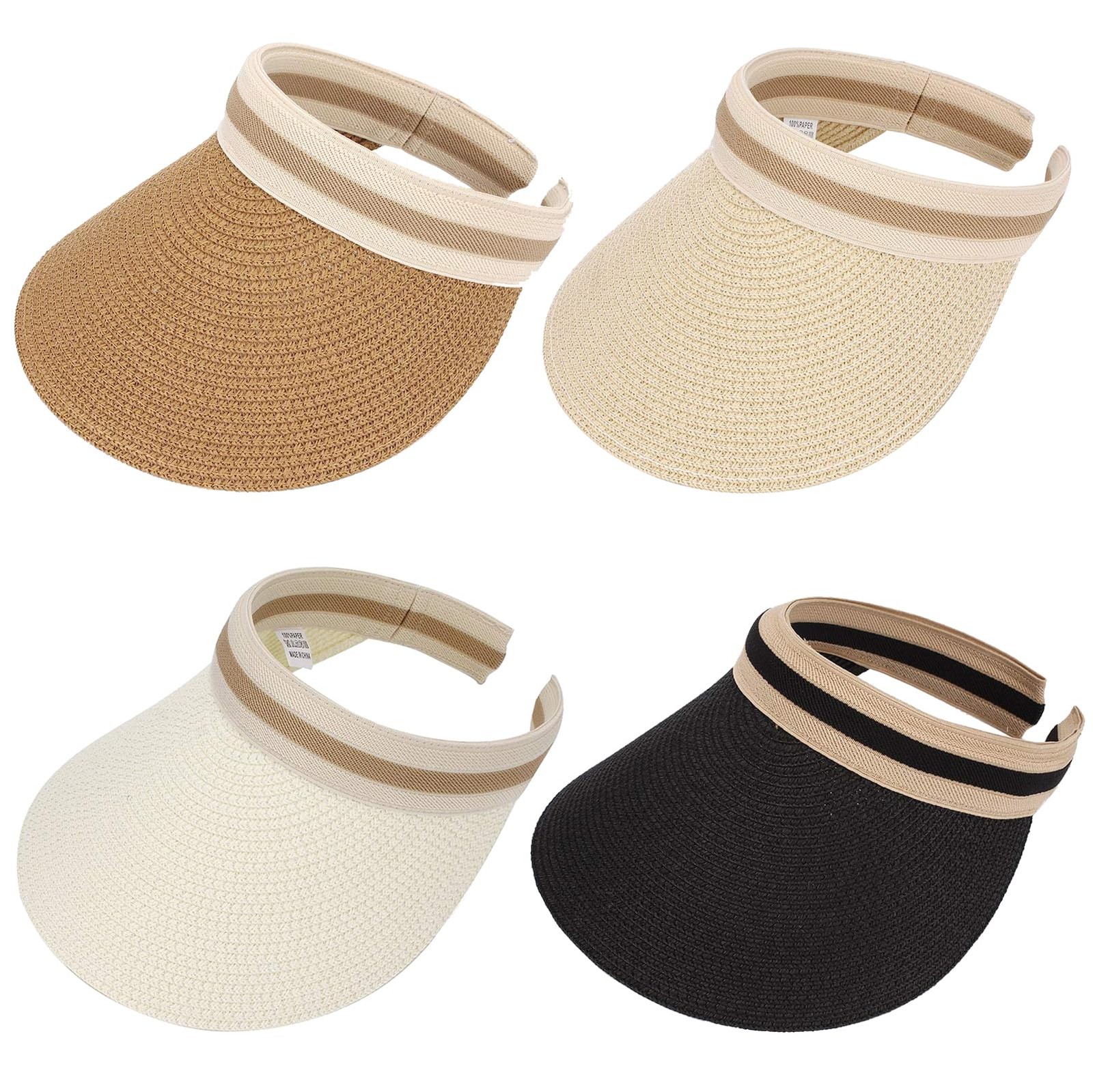 4 Pcs Straw Sun Visor Hat for Women Summer UV Protection Wide Brim Ponytail S...