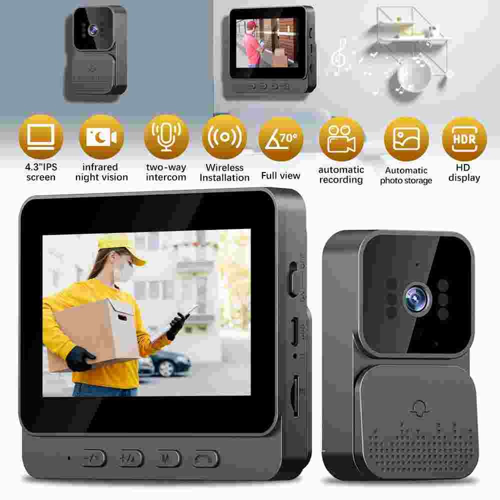 Smart Doorbell Chime Video Door Bell 1080P Camera Wireless with 4.3inch Monitor