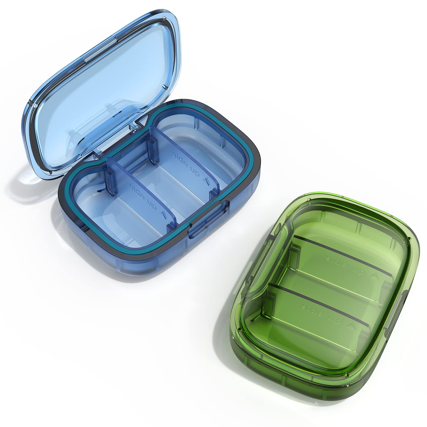 2 Pack 3 Compartment Small Pill Box, Moisture Proof Case, Travel Green+blue