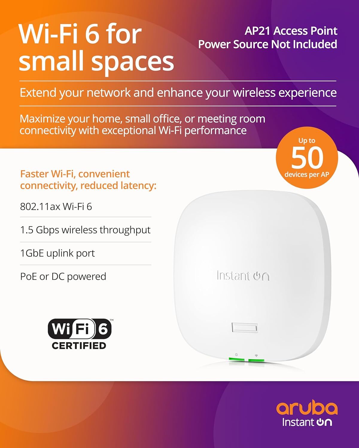 HPE Instant On AP21 2x2 WiFi 6 Access Point | Power source not included S1T08A