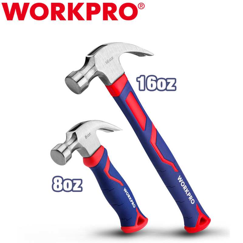 WORKPRO 2PC Claw Hammer Set 16 oz Fiberglass Claw Hammer 8 oz Stubby Claw Hammer