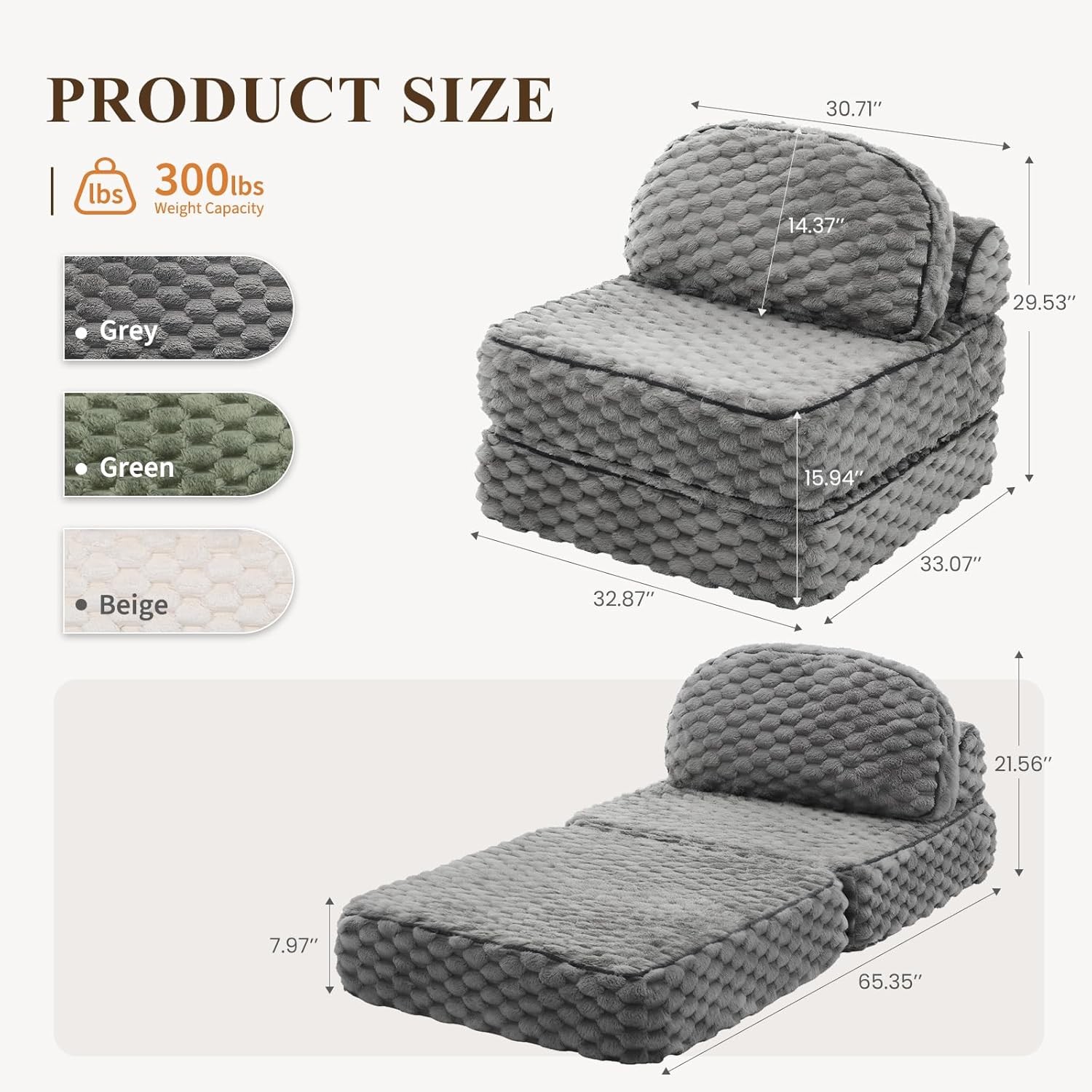 Folding Sofa Bed 3-in-1 Convertible Sleeper Chairs W/ Pillow,Back Support Fuzzy
