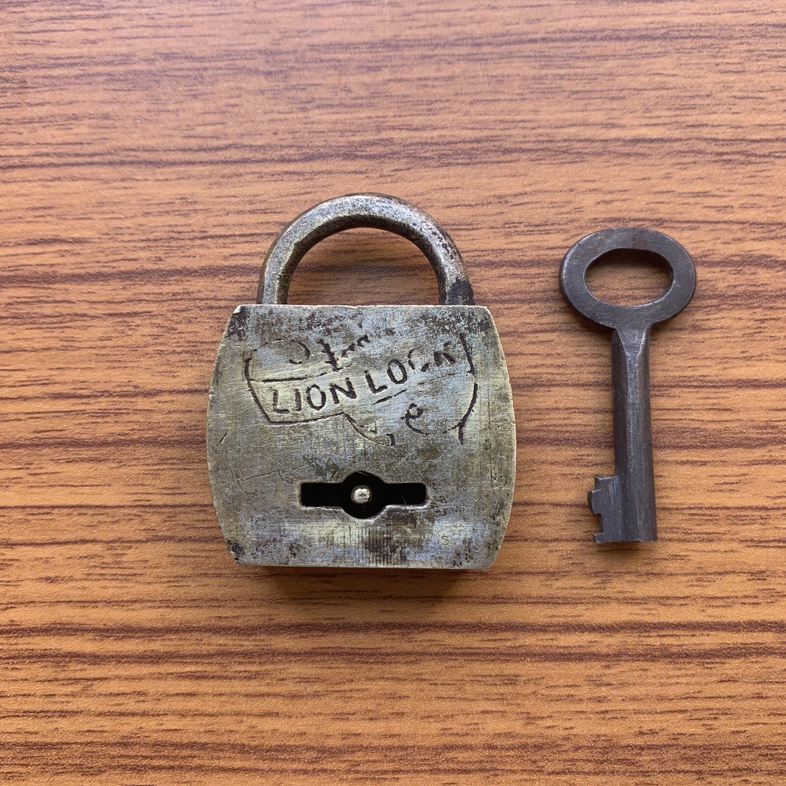 BRASS PADLOCK OR LOCK WITH KEY OLD OR ANTIQUE SMALL or MINIATURE Rare shape.