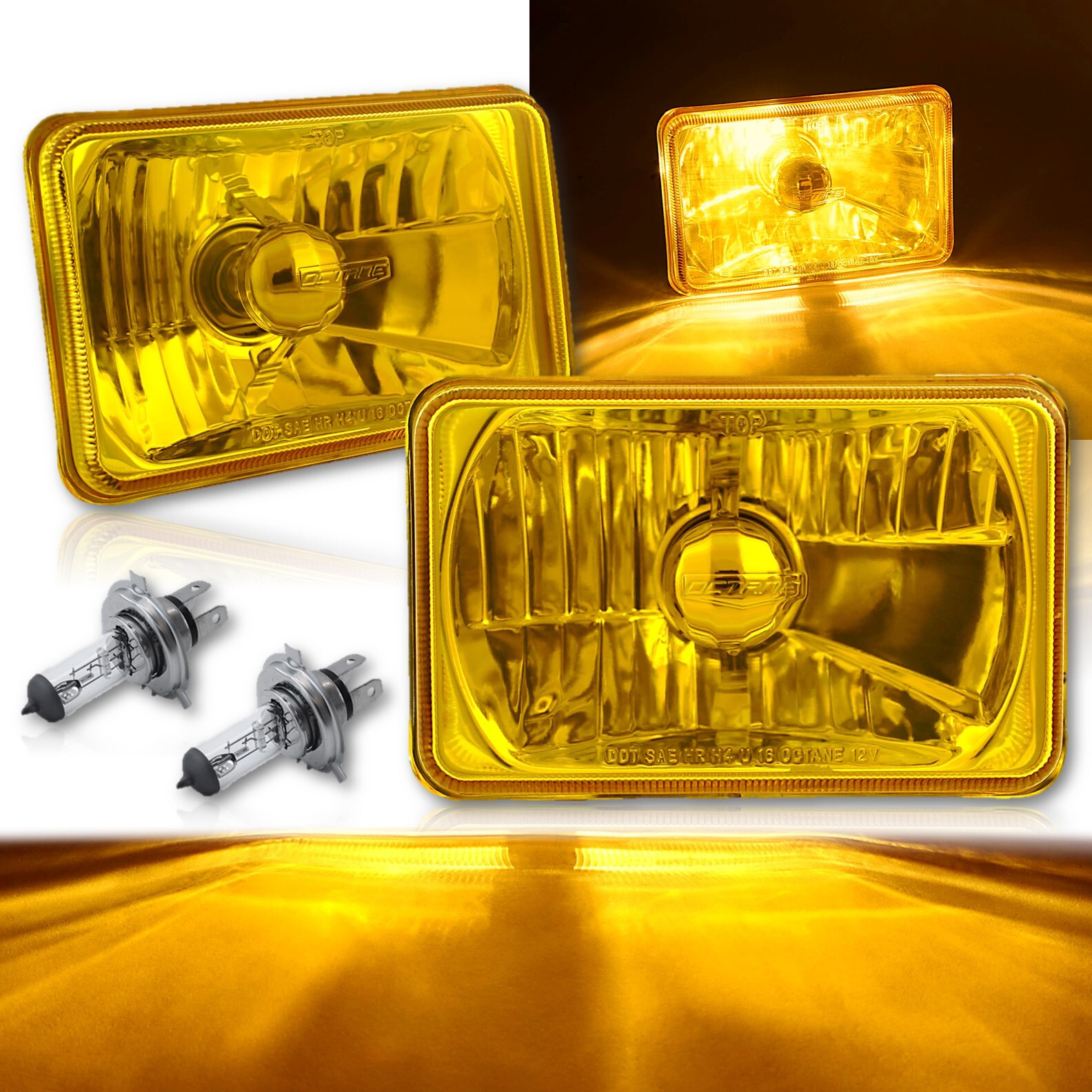 4X6 Crystal Yellow Glass Lens Metal Headlight H4 Halogen Light Bulb Lamp Pair