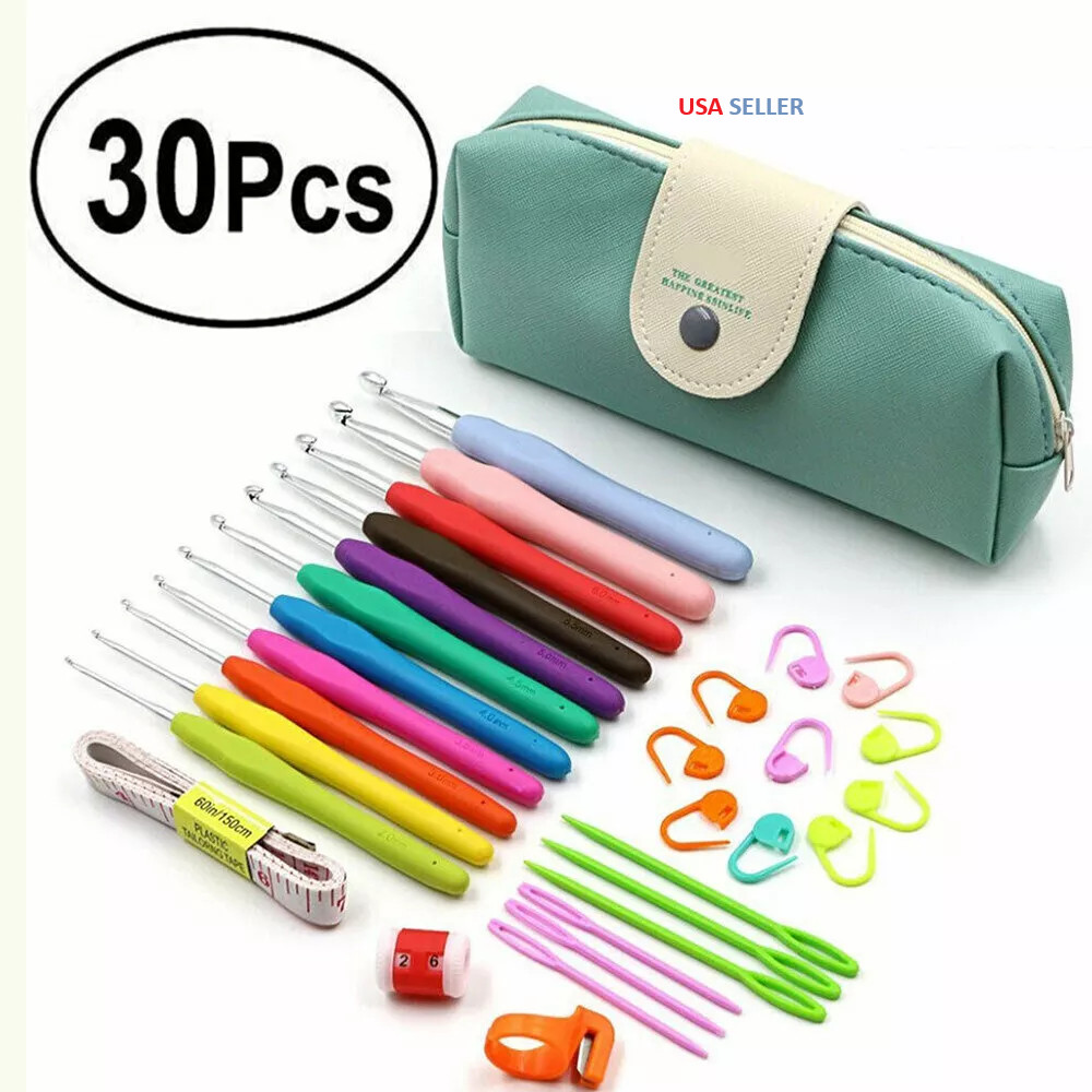 30pcs Crochet Hooks Kit Yarn Knitting Needles Sewing Tool Ergonomic Grip Bag Set
