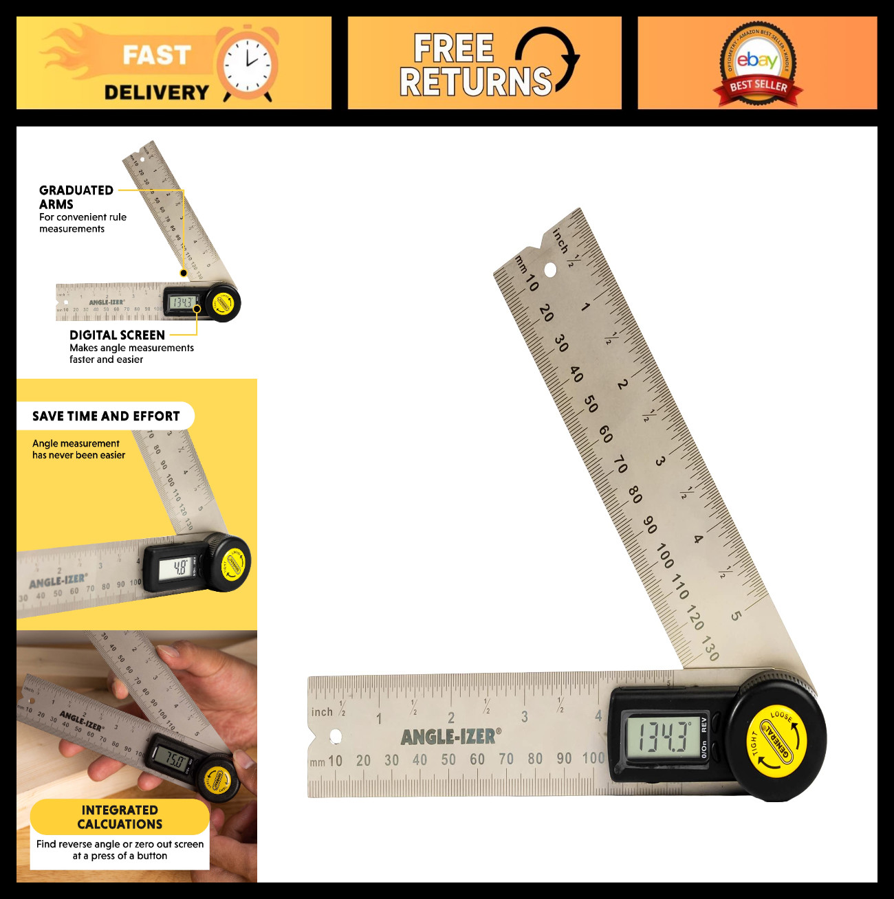 Digital Angle Finder Ruler - 5" Stainless Steel Protractor Tool with LCD Display