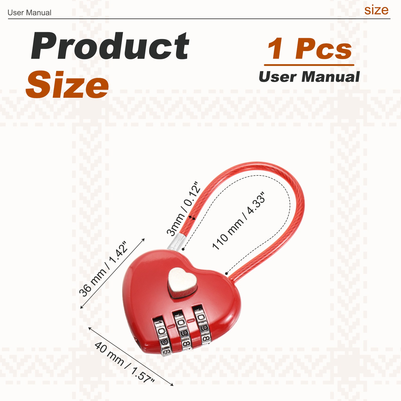 Combination Padlock (4.3 Inch, Red), 3-Digit Heart Shaped Combo Padlock