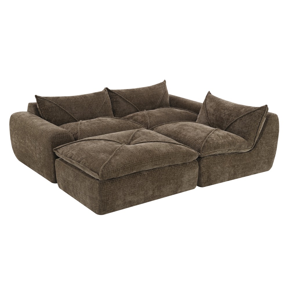 Brown Chenille 4-Seater Sectional Sofa w/Ottoman - No Assembly