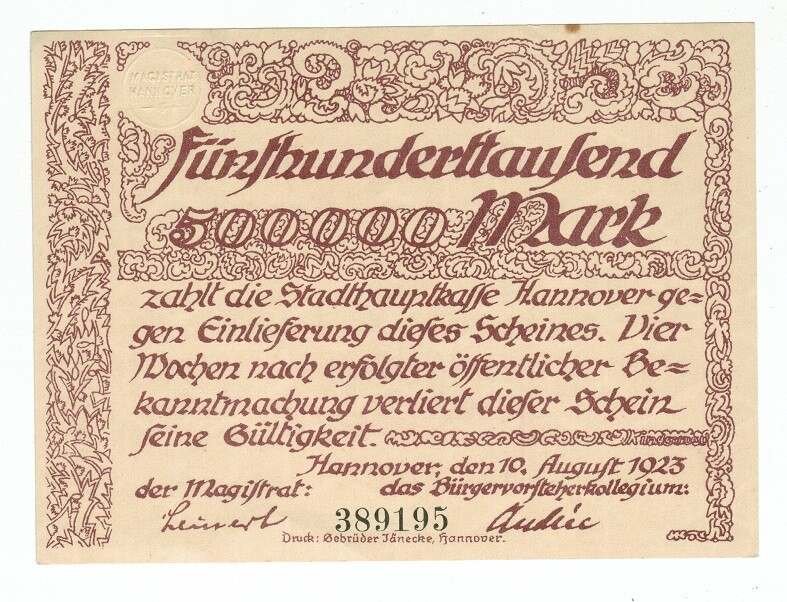GERMANY BANKNOTE 500000 MARK HANNOVER 1923