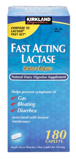 Kirkland Signature Fast Acting Lactase, 180 Caplets for Gas, Bloating, Diarrhea