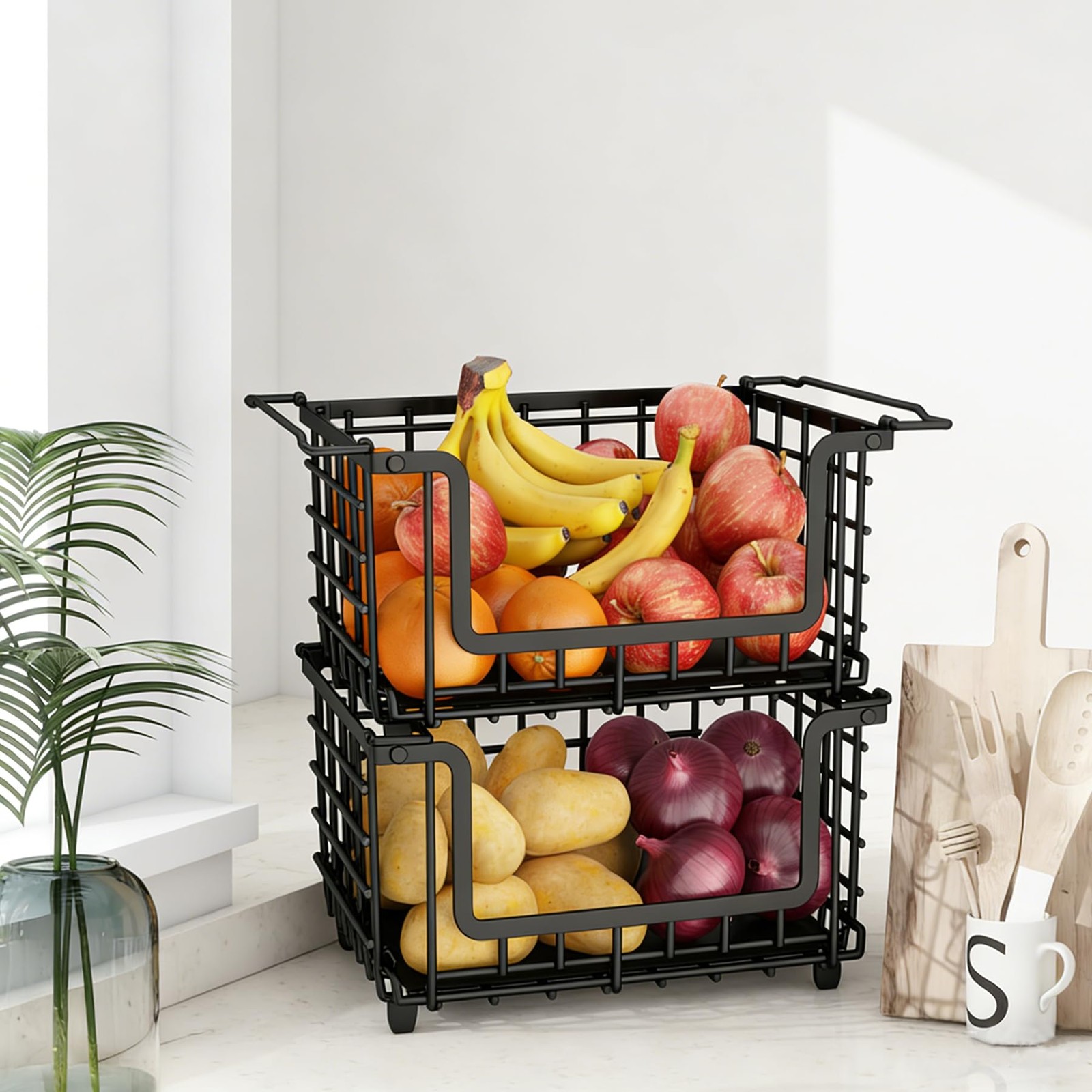 2 Pack Stackable Metal Wire Vegetable Fruit Basket for Kitchen Counter Cabine...