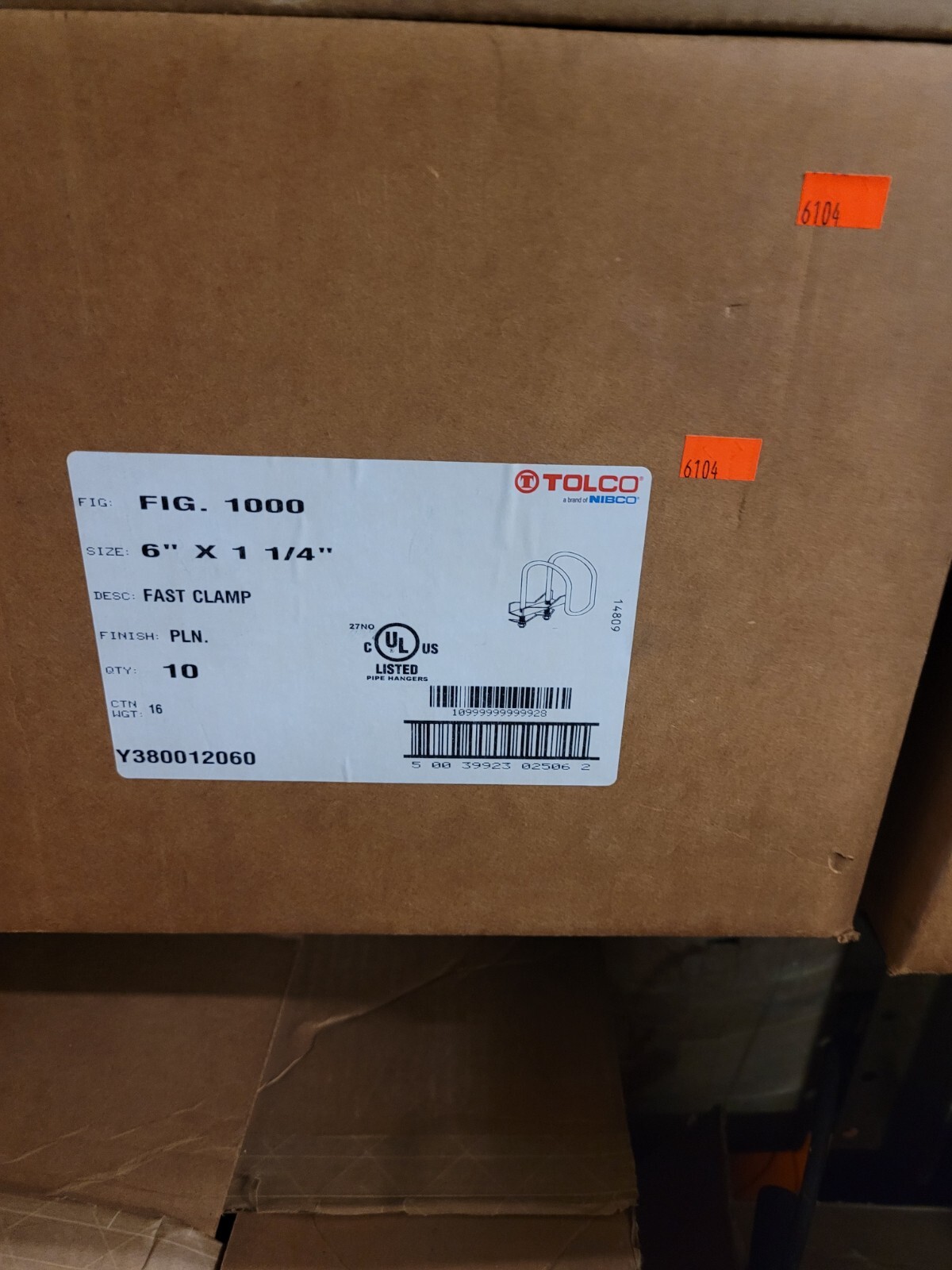 Tolco 1000 Fast Clamp Sway Brace, Size 6 x 1-1/4 In. Box of 10 Plain Finish. NOS