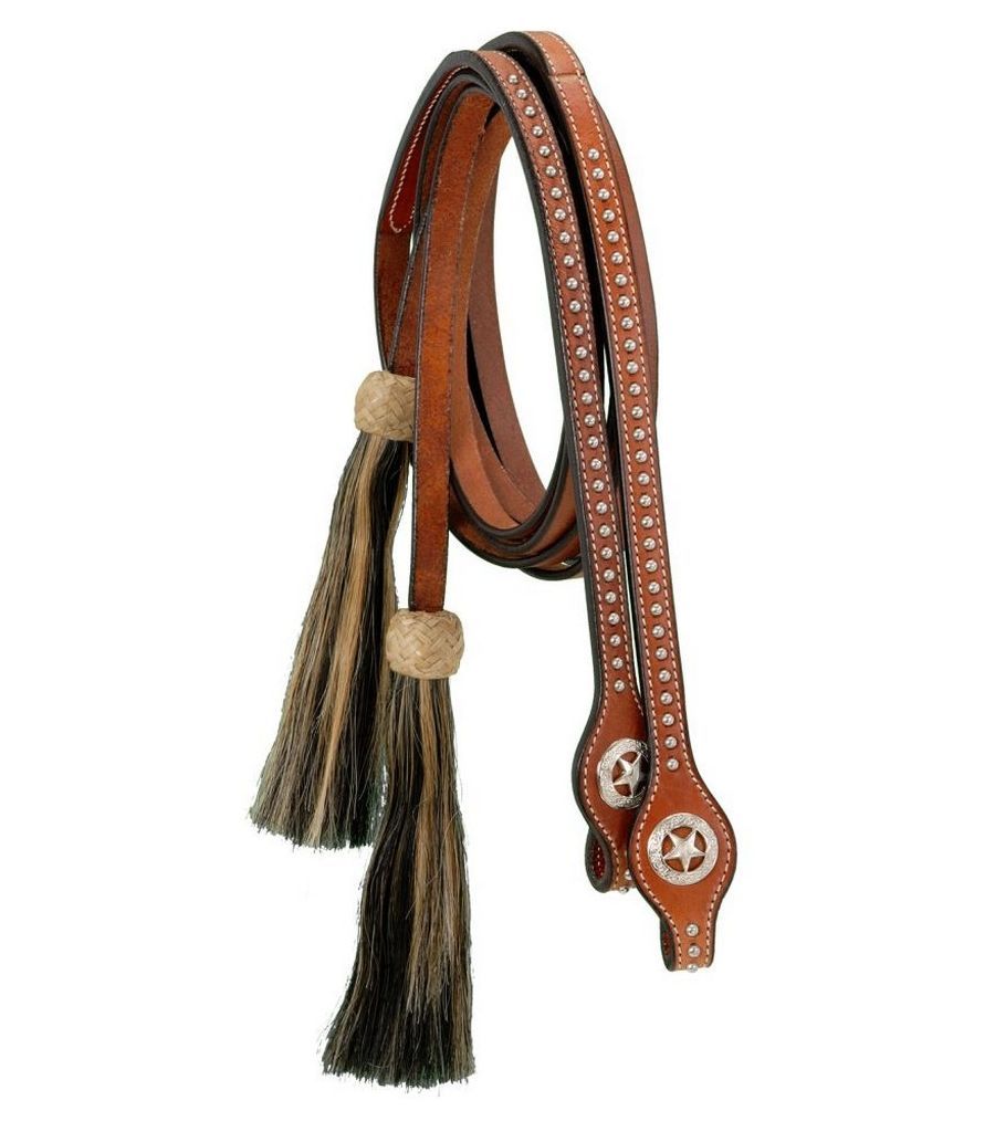Western Tan Leather  Spot Studded Split Reins With Horse Tassel & Star Conchos