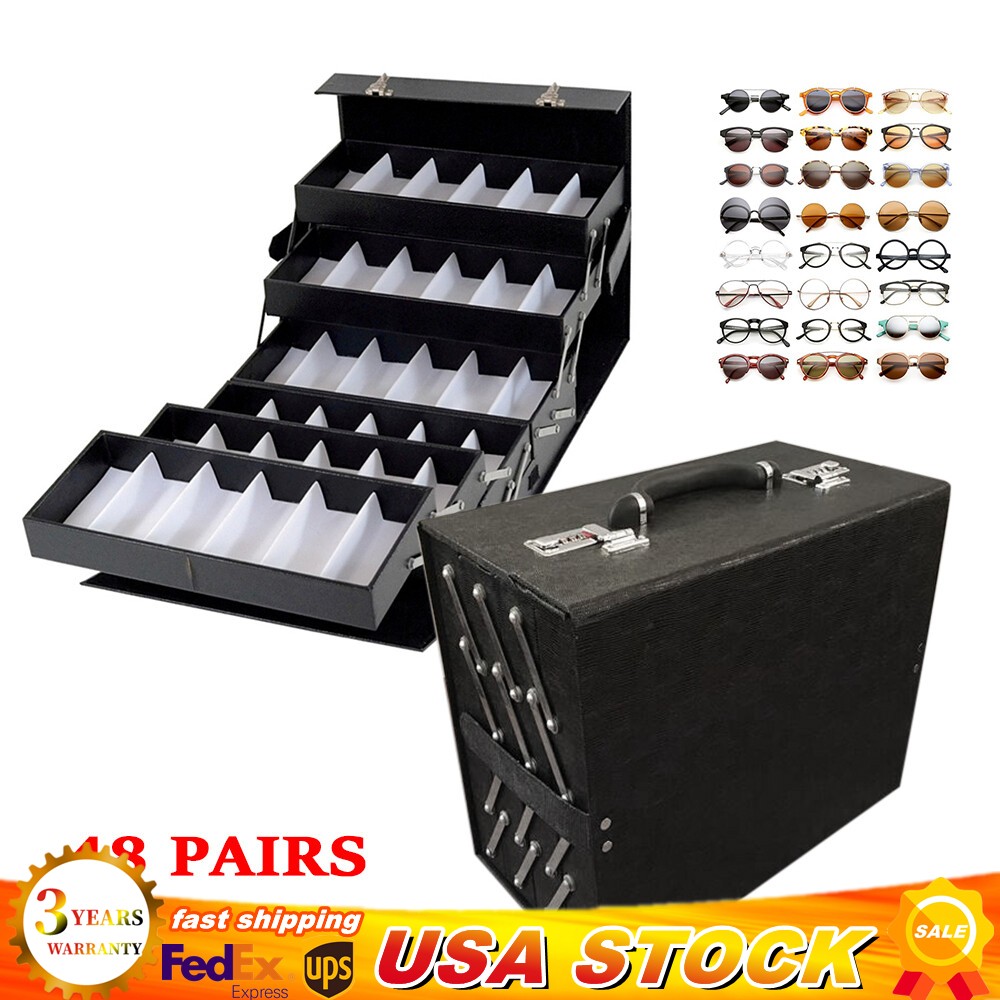 Black 48 Pairs Eyeglasses Sunglasses Storage 48 Slot Case Display Organizer Box