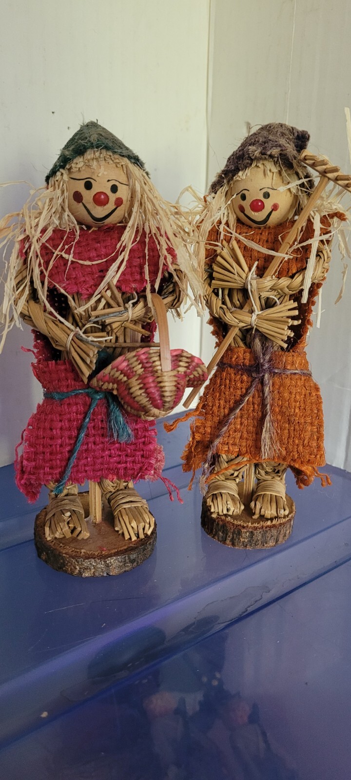 Set of 2 Scarecrow Tabletop Decorations 7" Tall Wood Bottom Collectible Cute