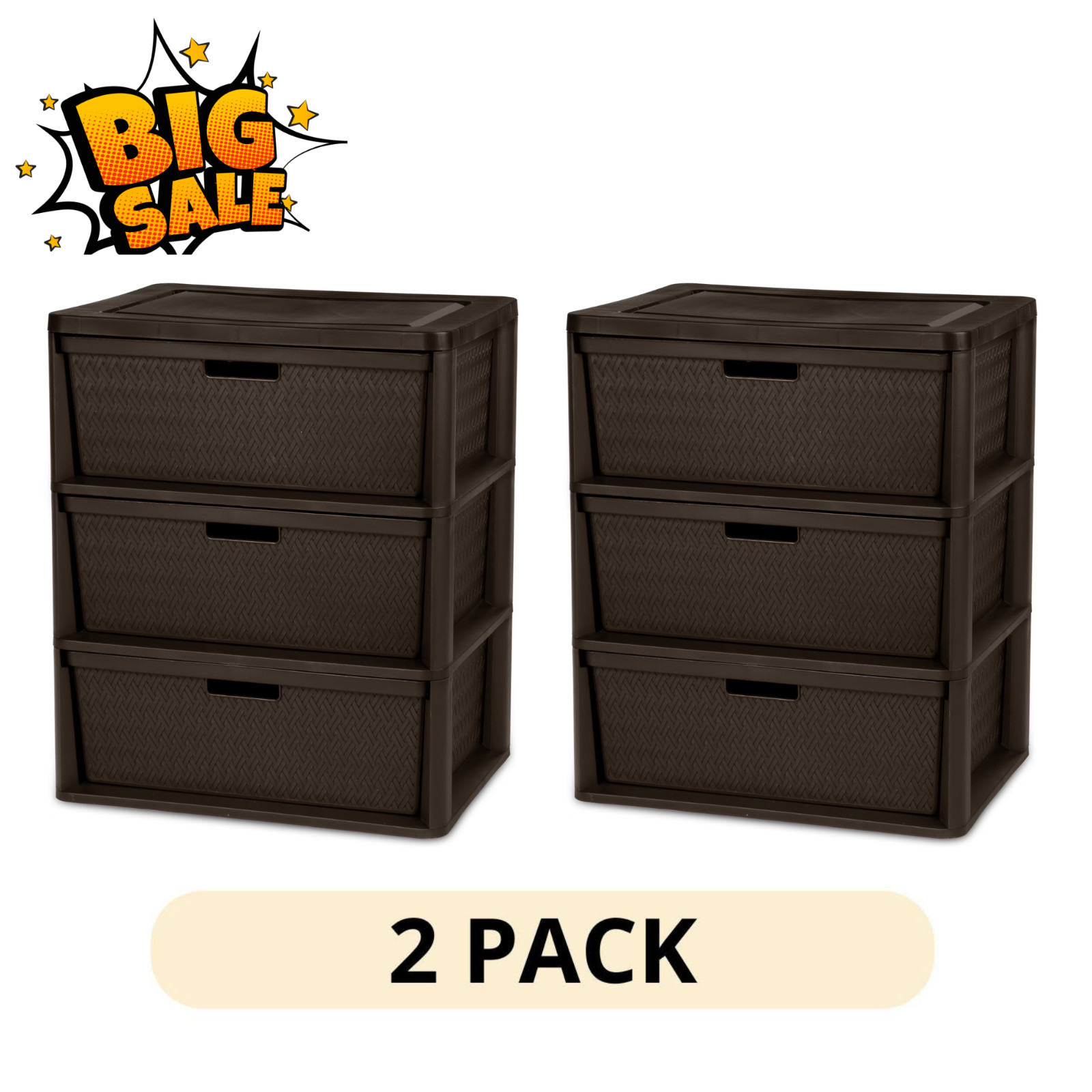 2 Pack Sterilite Wide 3 Drawer Cross Weave Tower Espresso Plastic Storage Organi