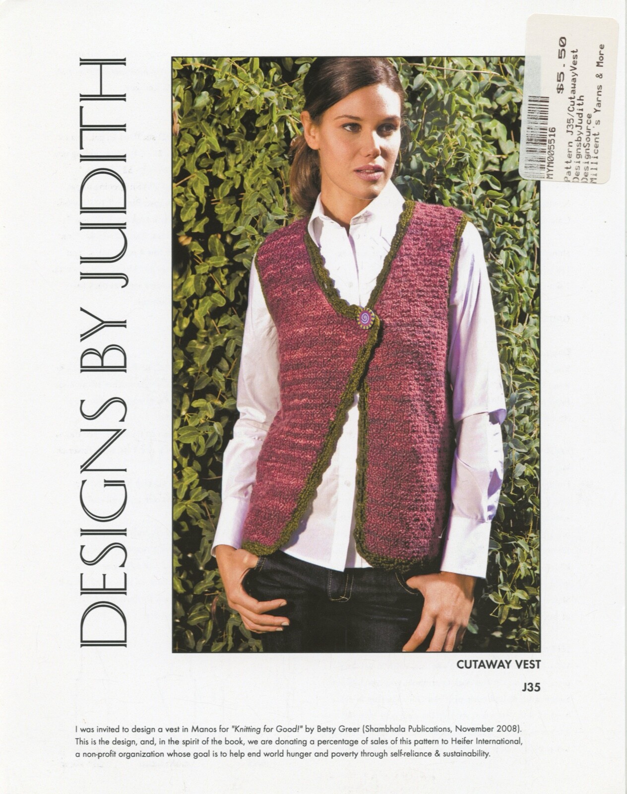 Designs by Judith Knitting Pattern J35 Cutaway Vest - 33"-45"