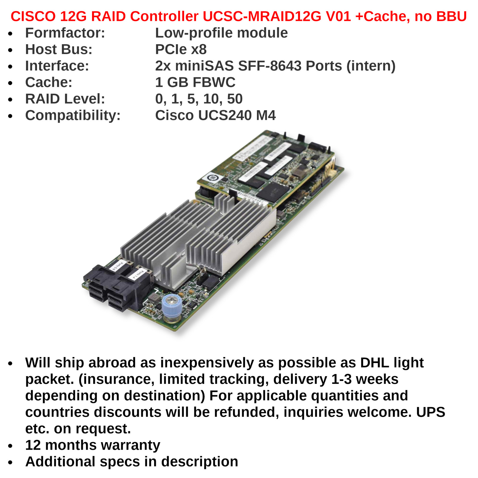 CISCO 12G SAS PCIe 74-12862-01 RAID Controller UCSC-MRAID12G V01 +Cache