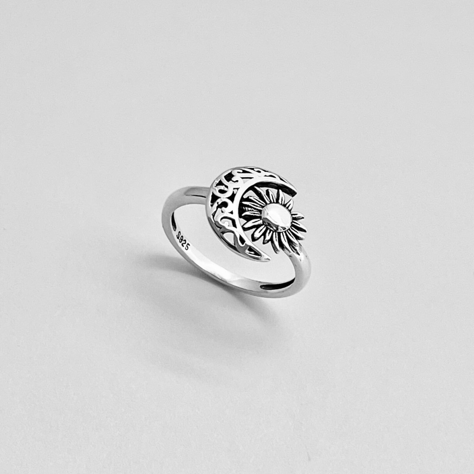 Sterling Silver Filigree Moon Face and Sun Ring, Celestial Silver Rings