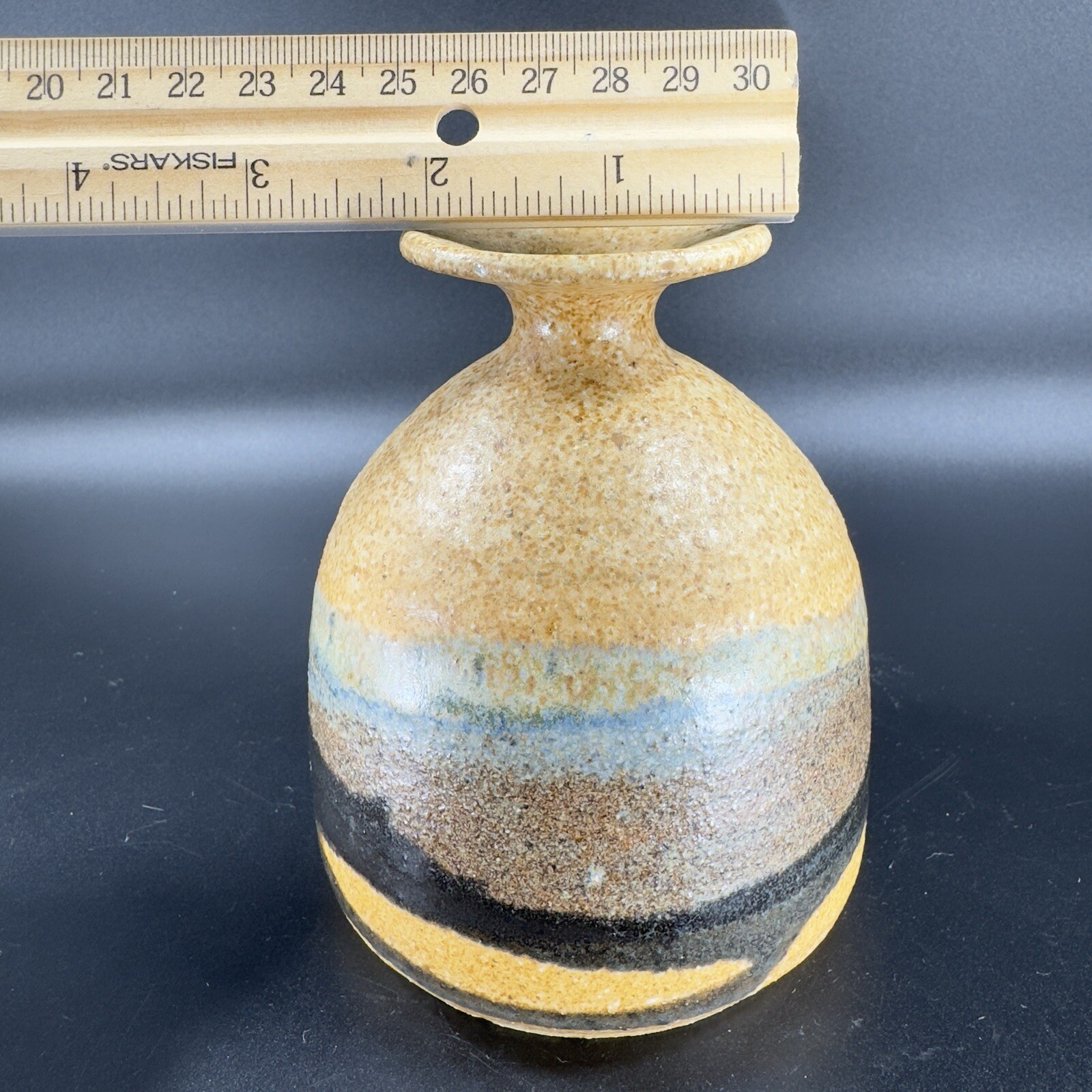 Hand Made Studio Art Pottery Stoneware Vase Vessel Brown Multicolor Lines Signed